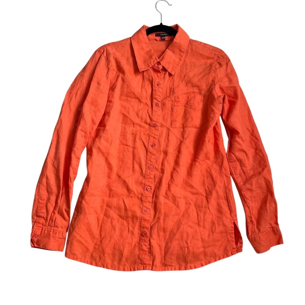 COTTON GINNY Linen Button Front Long Sleeve Blouse Orange M